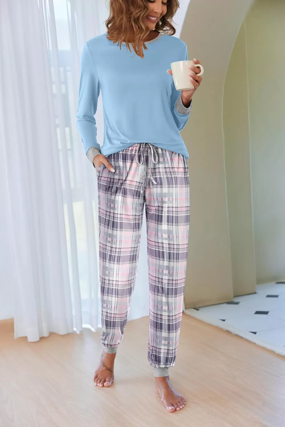 imageEkouaer Pajamas Set for Women Long Sleeve Crew Neck Comfy Pjs Lounge Sets With PocketsAqua Blue Plaid