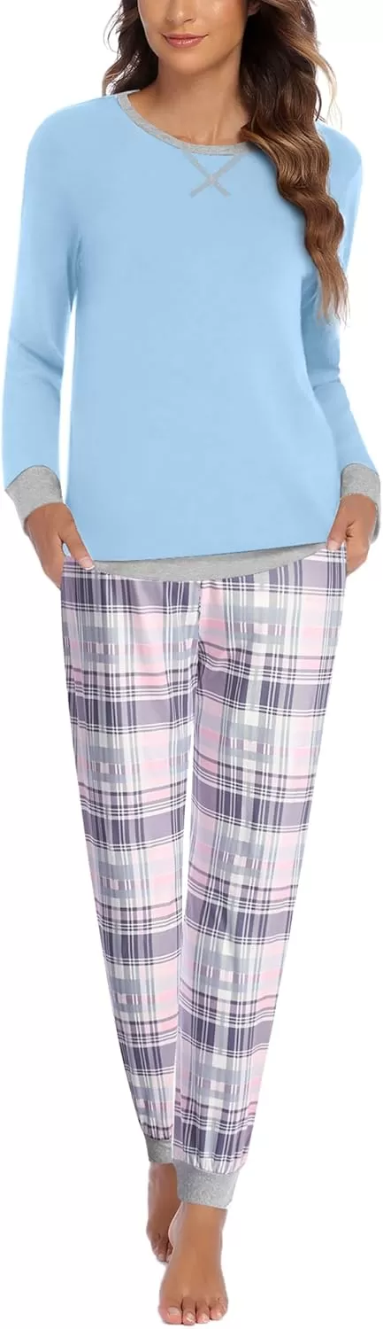imageEkouaer Pajamas Set for Women Long Sleeve Crew Neck Comfy Pjs Lounge Sets With PocketsAqua Blue Plaid