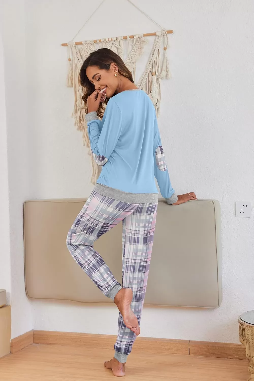 imageEkouaer Pajamas Set for Women Long Sleeve Crew Neck Comfy Pjs Lounge Sets With PocketsAqua Blue Plaid