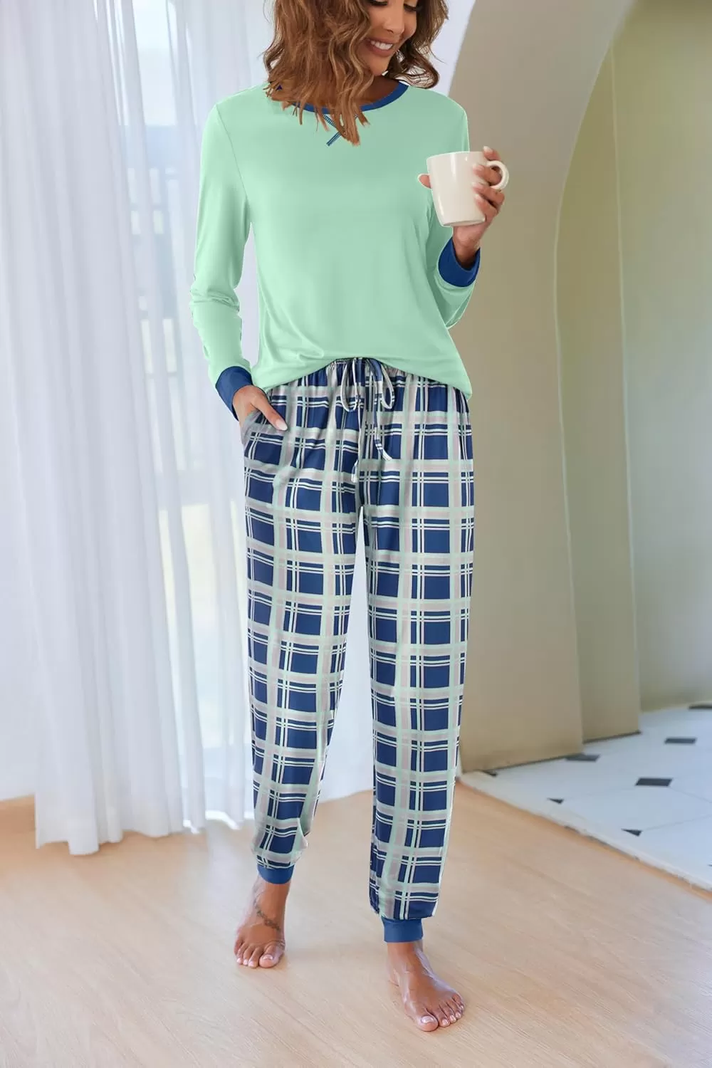 imageEkouaer Pajamas Set for Women Long Sleeve Crew Neck Comfy Pjs Lounge Sets With PocketsAqua Green Plaid