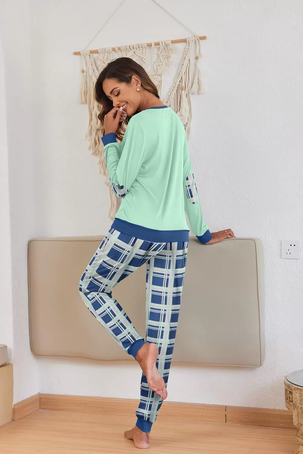 imageEkouaer Pajamas Set for Women Long Sleeve Crew Neck Comfy Pjs Lounge Sets With PocketsAqua Green Plaid