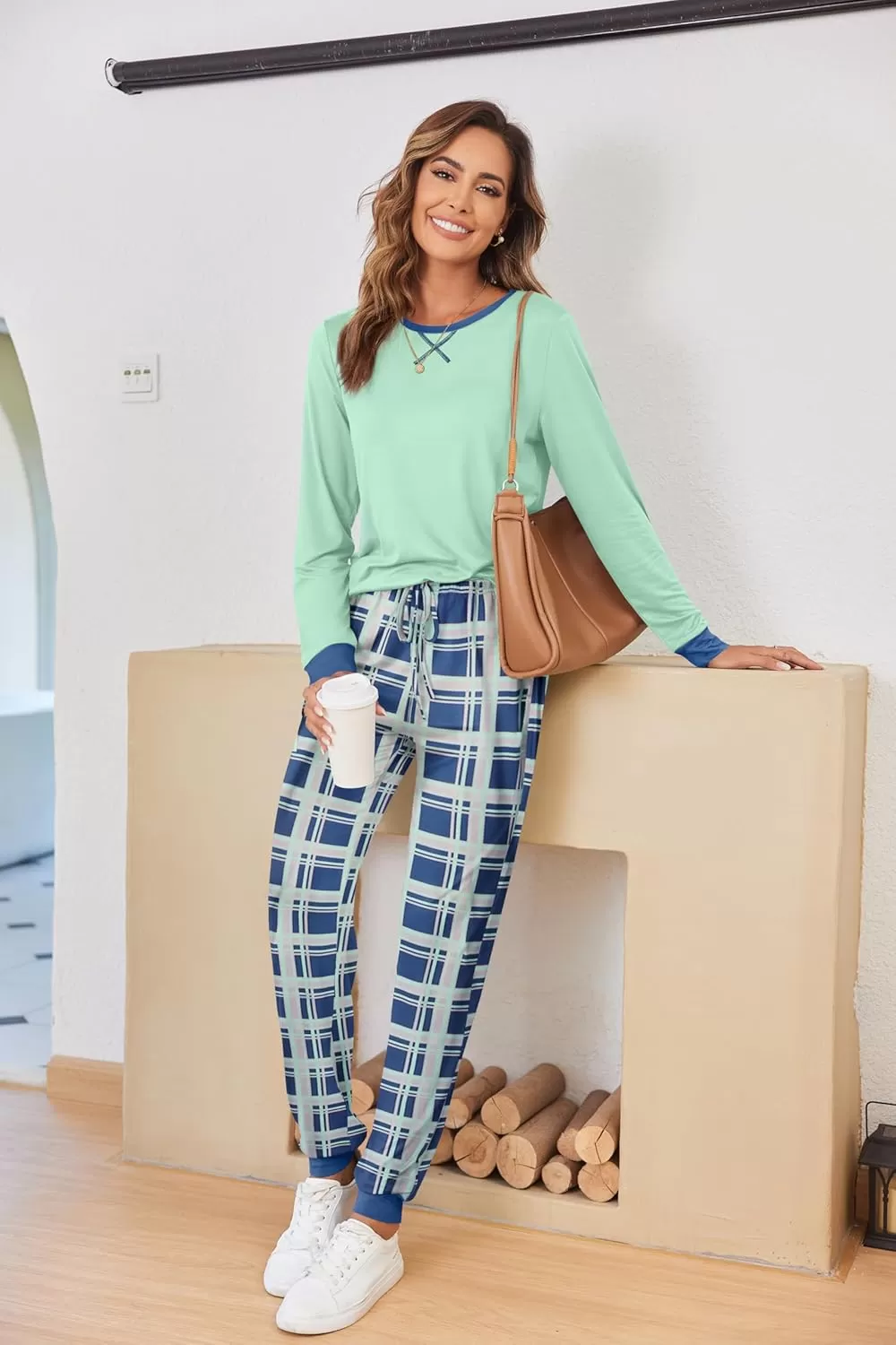 imageEkouaer Pajamas Set for Women Long Sleeve Crew Neck Comfy Pjs Lounge Sets With PocketsAqua Green Plaid