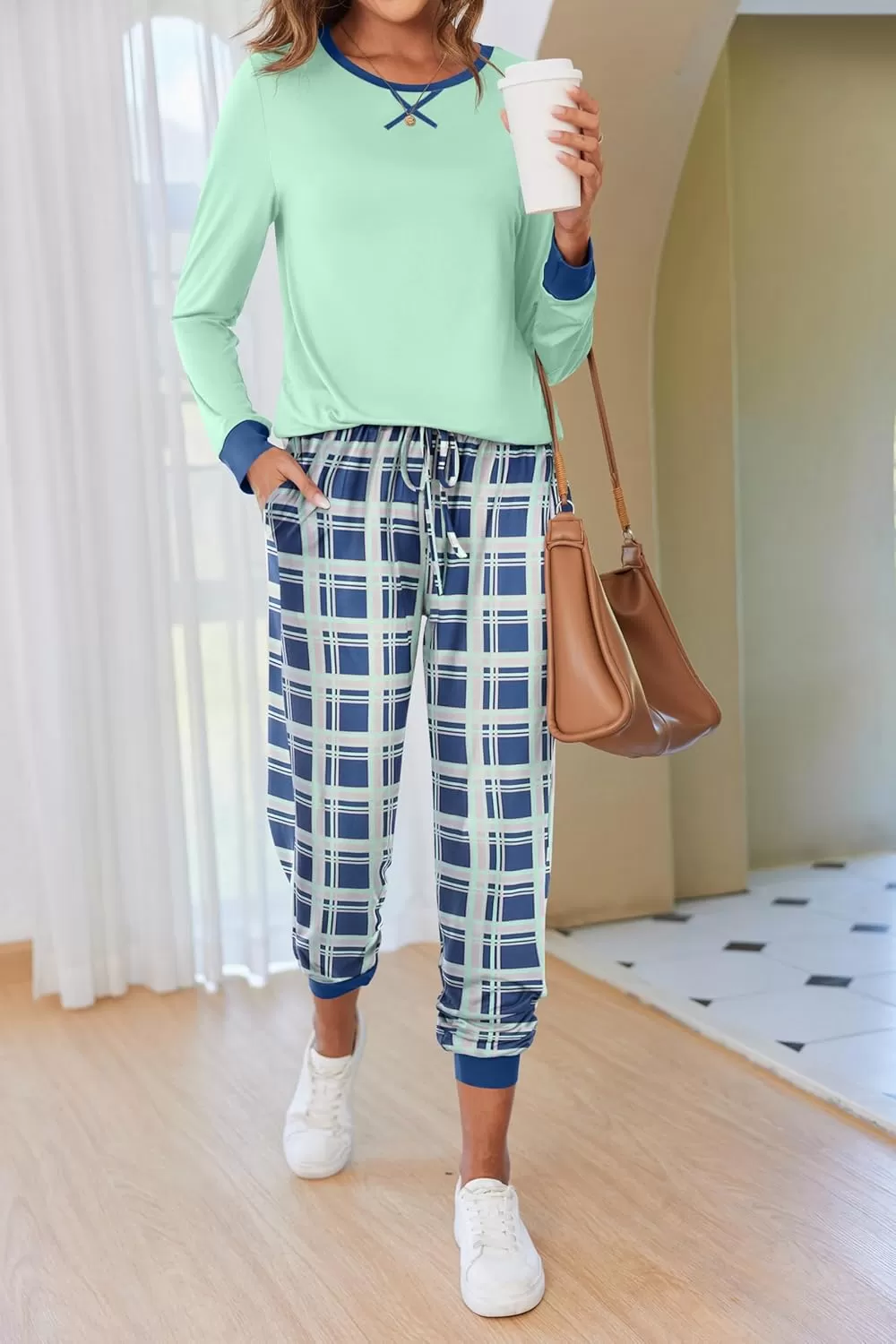 imageEkouaer Pajamas Set for Women Long Sleeve Crew Neck Comfy Pjs Lounge Sets With PocketsAqua Green Plaid