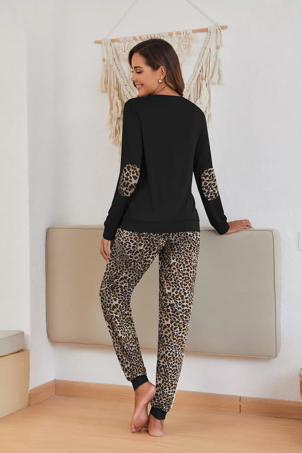 imageEkouaer Pajamas Set for Women Long Sleeve Crew Neck Comfy Pjs Lounge Sets With PocketsBlack Leopard