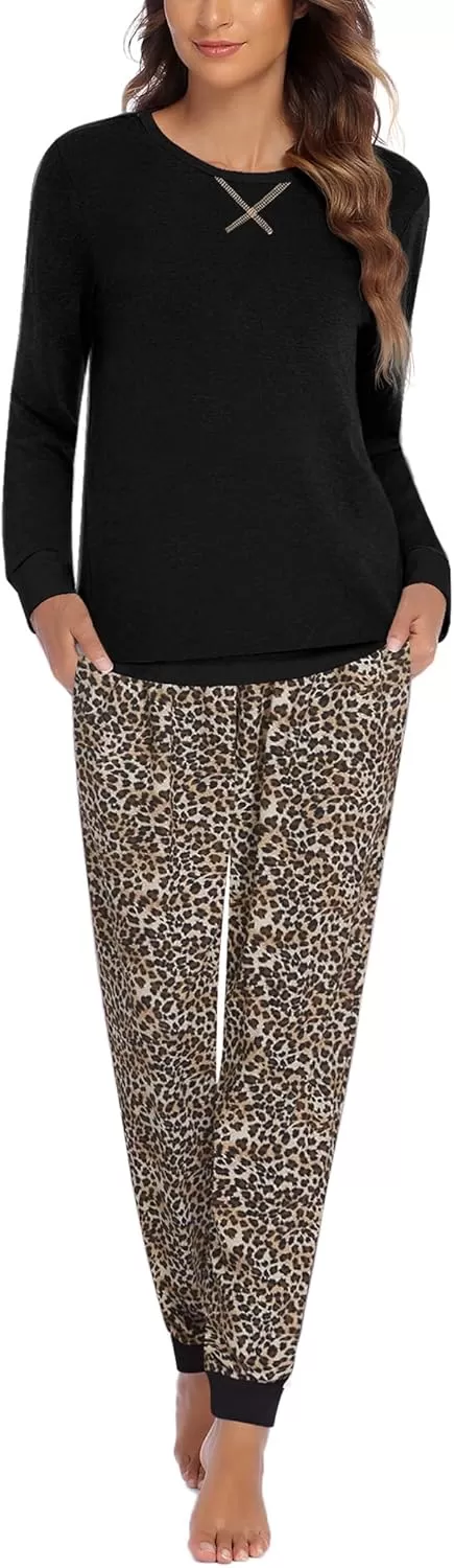 imageEkouaer Pajamas Set for Women Long Sleeve Crew Neck Comfy Pjs Lounge Sets With PocketsBlack Leopard