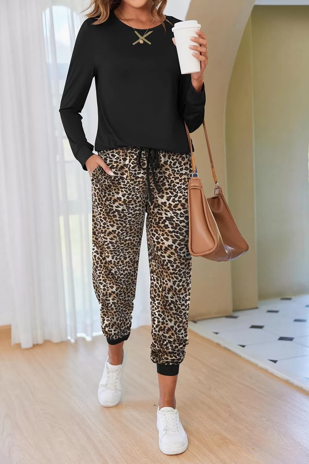 imageEkouaer Pajamas Set for Women Long Sleeve Crew Neck Comfy Pjs Lounge Sets With PocketsBlack Leopard