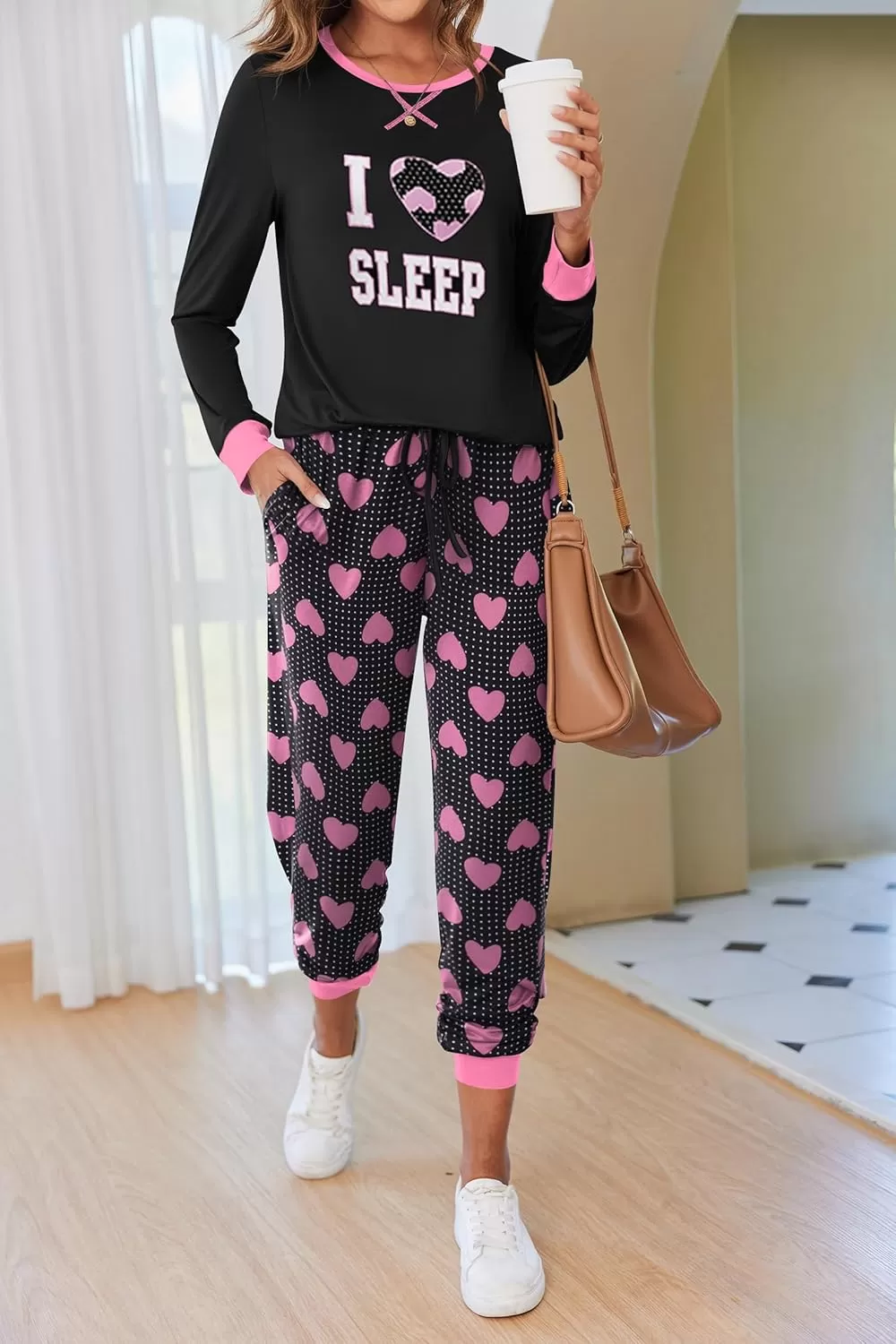 imageEkouaer Pajamas Set for Women Long Sleeve Crew Neck Comfy Pjs Lounge Sets With PocketsBlack Love Heart