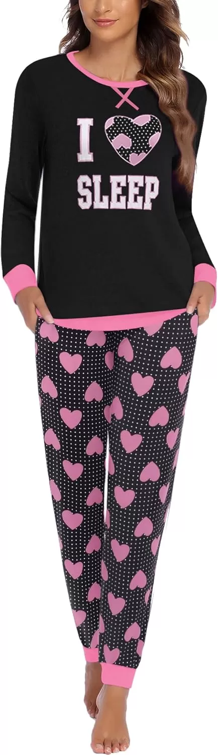 imageEkouaer Pajamas Set for Women Long Sleeve Crew Neck Comfy Pjs Lounge Sets With PocketsBlack Love Heart