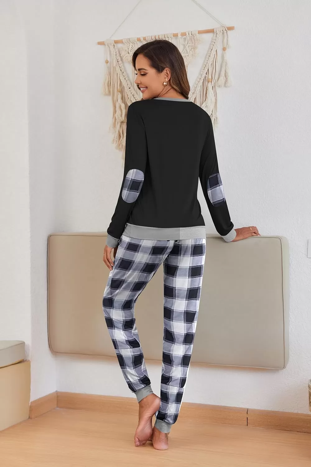 imageEkouaer Pajamas Set for Women Long Sleeve Crew Neck Comfy Pjs Lounge Sets With PocketsBlack and White Plaid
