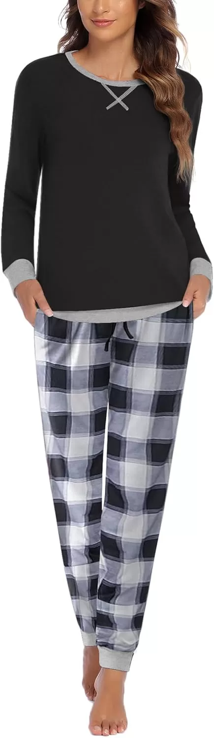 imageEkouaer Pajamas Set for Women Long Sleeve Crew Neck Comfy Pjs Lounge Sets With PocketsBlack and White Plaid