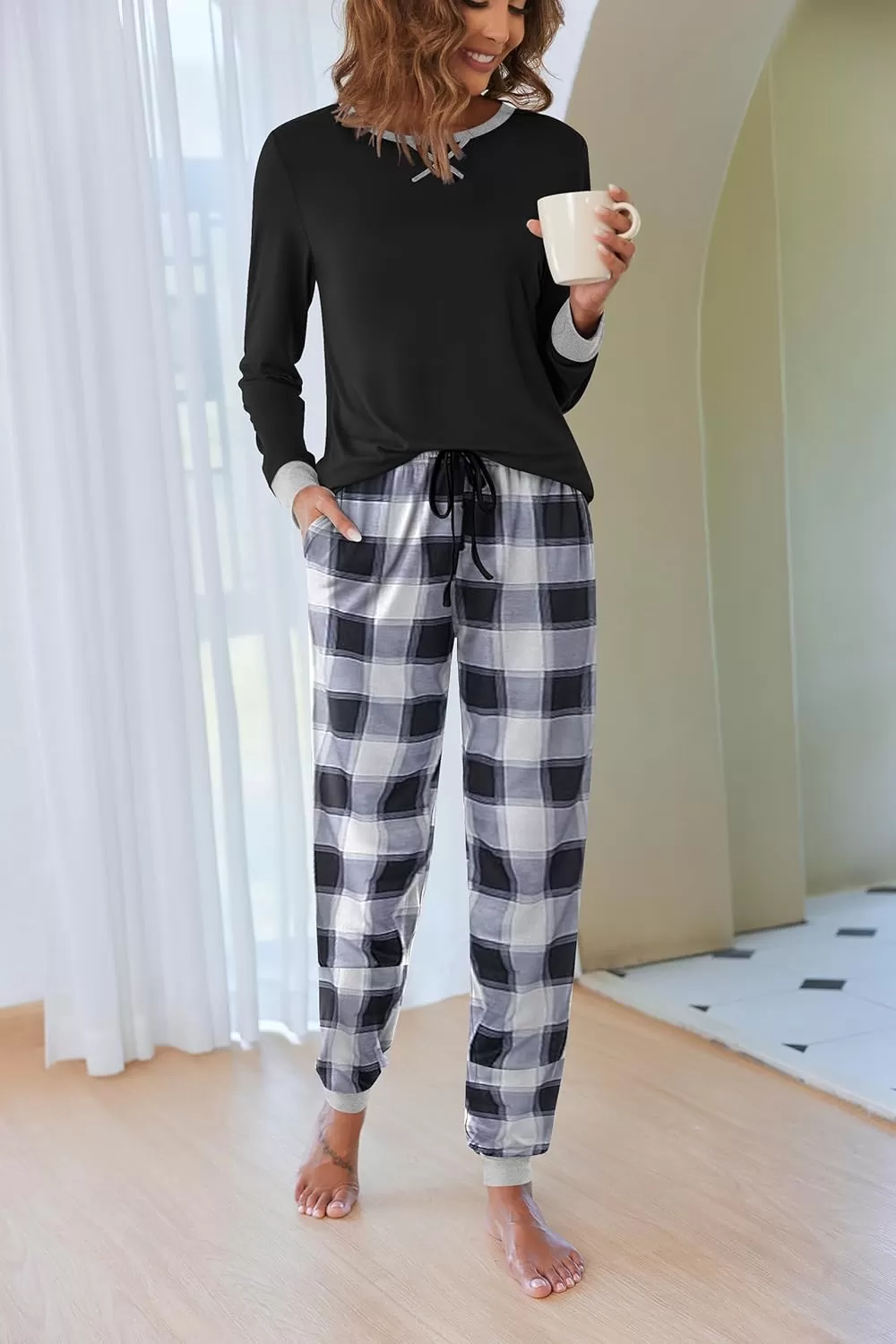imageEkouaer Pajamas Set for Women Long Sleeve Crew Neck Comfy Pjs Lounge Sets With PocketsBlack and White Plaid
