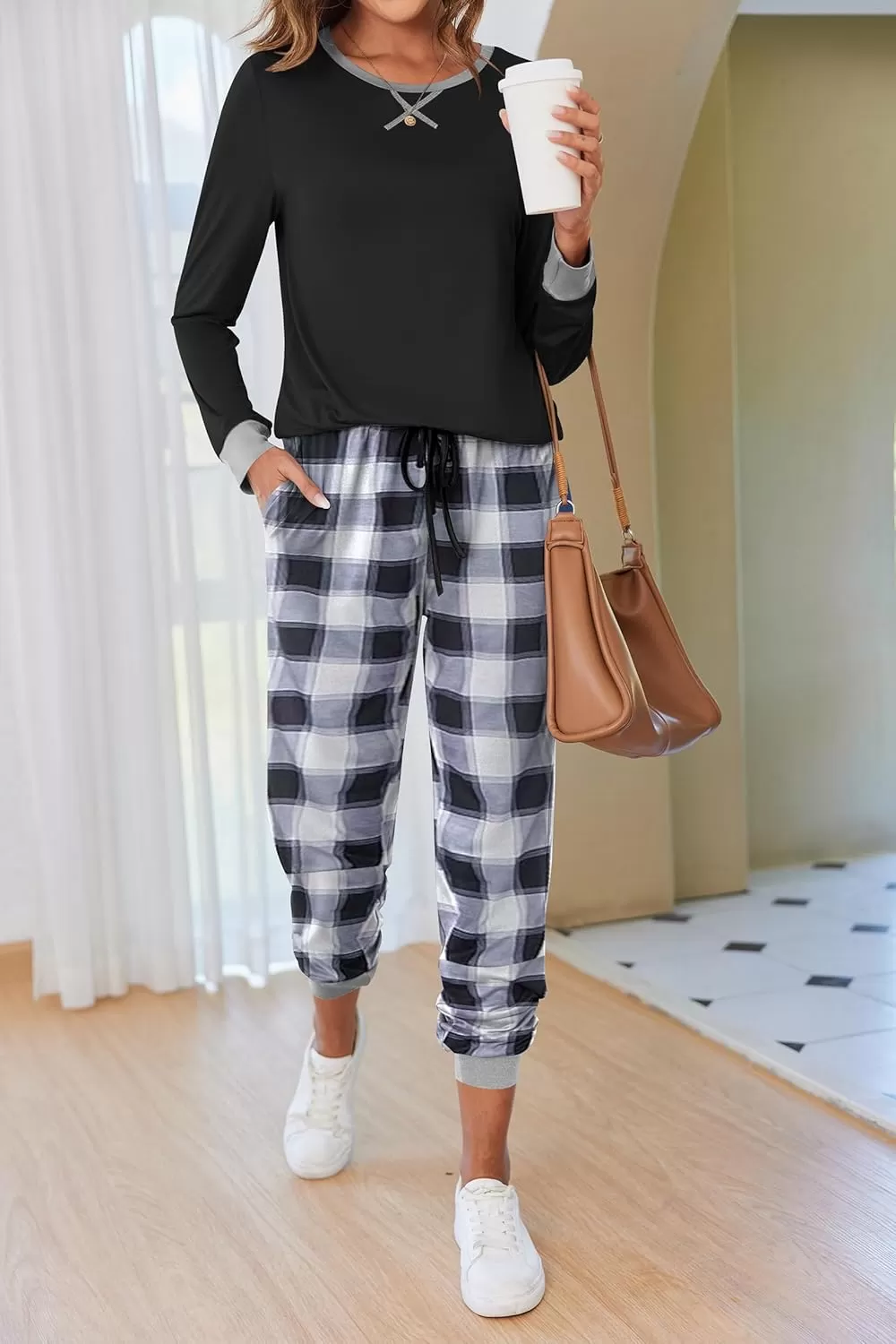 imageEkouaer Pajamas Set for Women Long Sleeve Crew Neck Comfy Pjs Lounge Sets With PocketsBlack and White Plaid