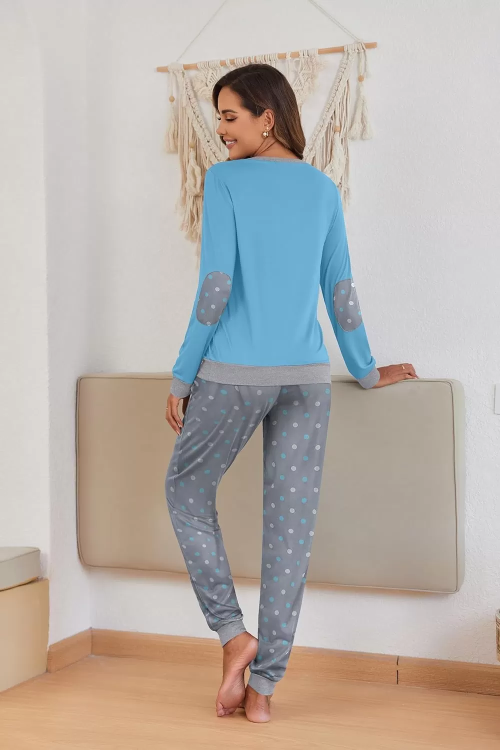 imageEkouaer Pajamas Set for Women Long Sleeve Crew Neck Comfy Pjs Lounge Sets With PocketsBlue Polka Dots