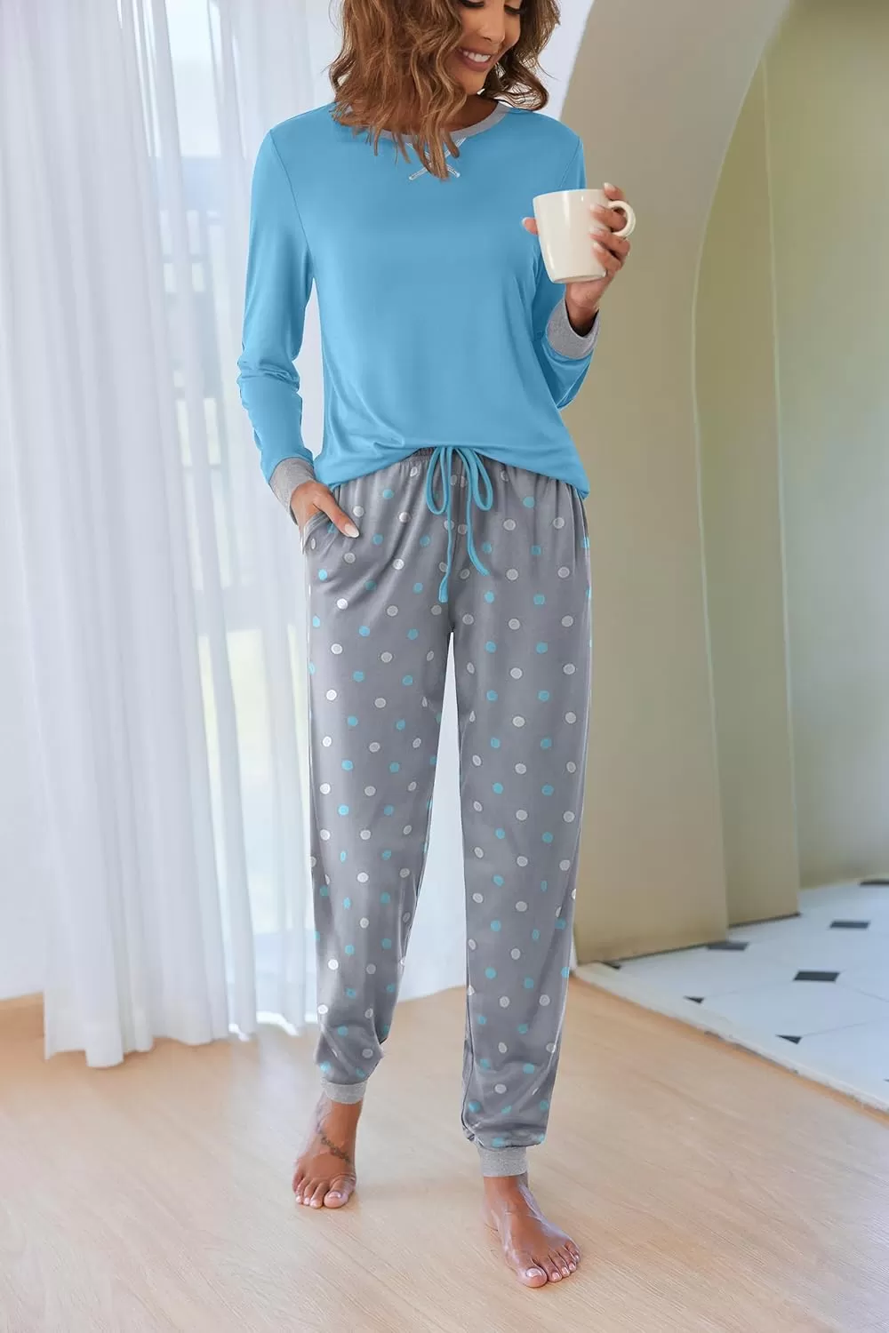 imageEkouaer Pajamas Set for Women Long Sleeve Crew Neck Comfy Pjs Lounge Sets With PocketsBlue Polka Dots