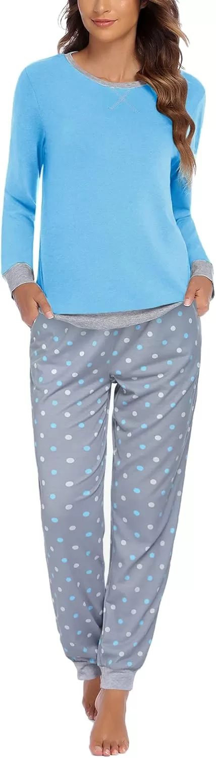 imageEkouaer Pajamas Set for Women Long Sleeve Crew Neck Comfy Pjs Lounge Sets With PocketsBlue Polka Dots