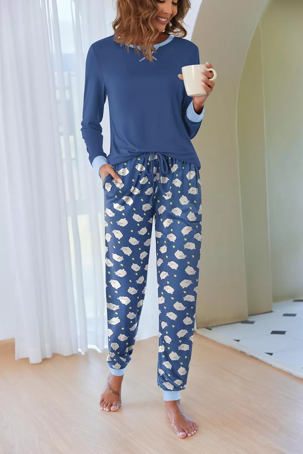 imageEkouaer Pajamas Set for Women Long Sleeve Crew Neck Comfy Pjs Lounge Sets With PocketsBlue Sheep