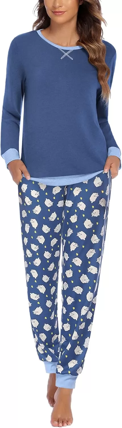 imageEkouaer Pajamas Set for Women Long Sleeve Crew Neck Comfy Pjs Lounge Sets With PocketsBlue Sheep