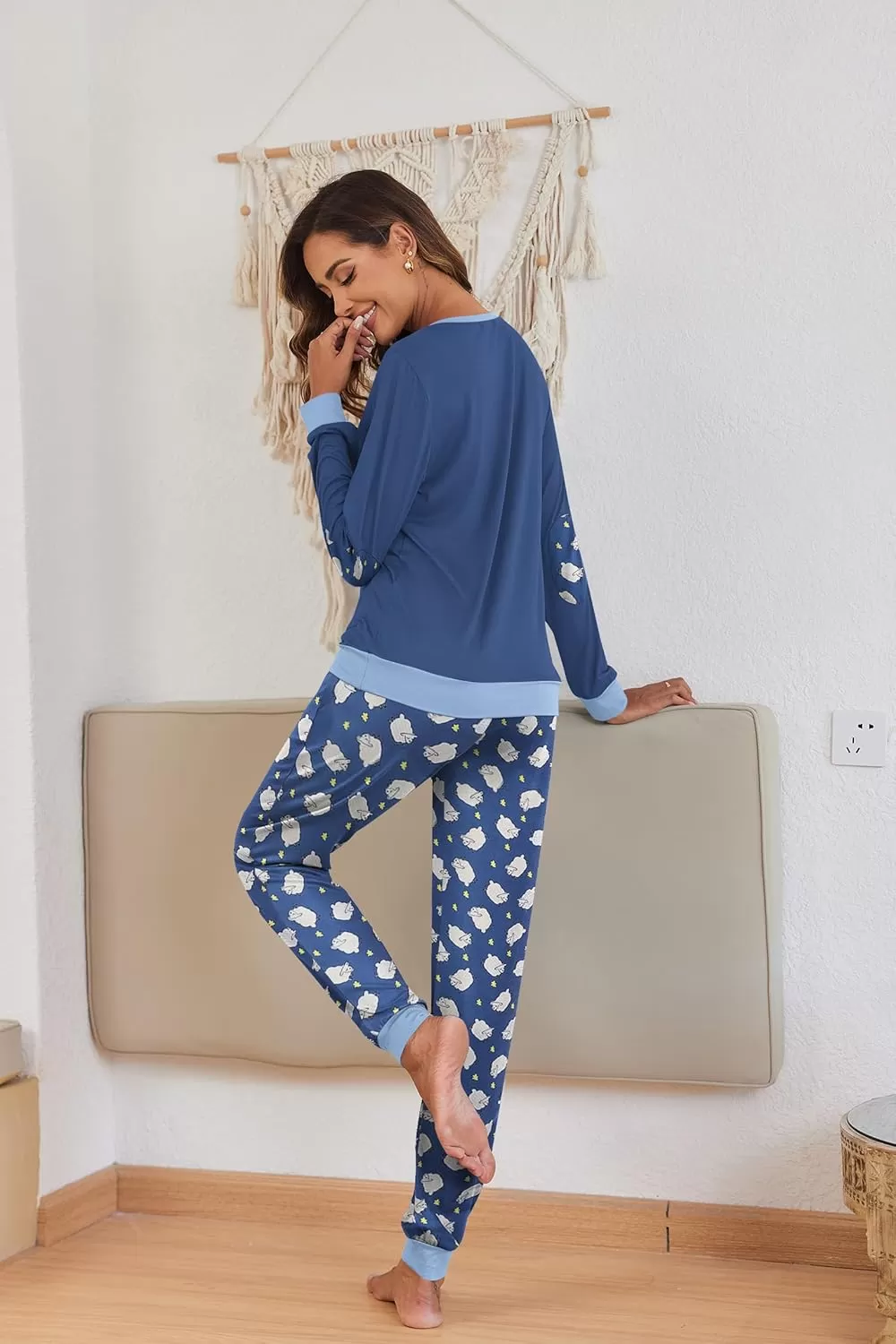 imageEkouaer Pajamas Set for Women Long Sleeve Crew Neck Comfy Pjs Lounge Sets With PocketsBlue Sheep