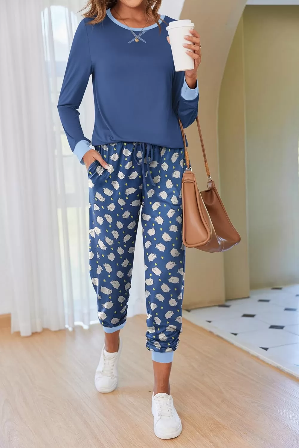 imageEkouaer Pajamas Set for Women Long Sleeve Crew Neck Comfy Pjs Lounge Sets With PocketsBlue Sheep