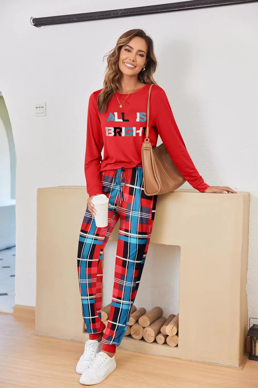 imageEkouaer Pajamas Set for Women Long Sleeve Crew Neck Comfy Pjs Lounge Sets With PocketsChristmas Red Plaid