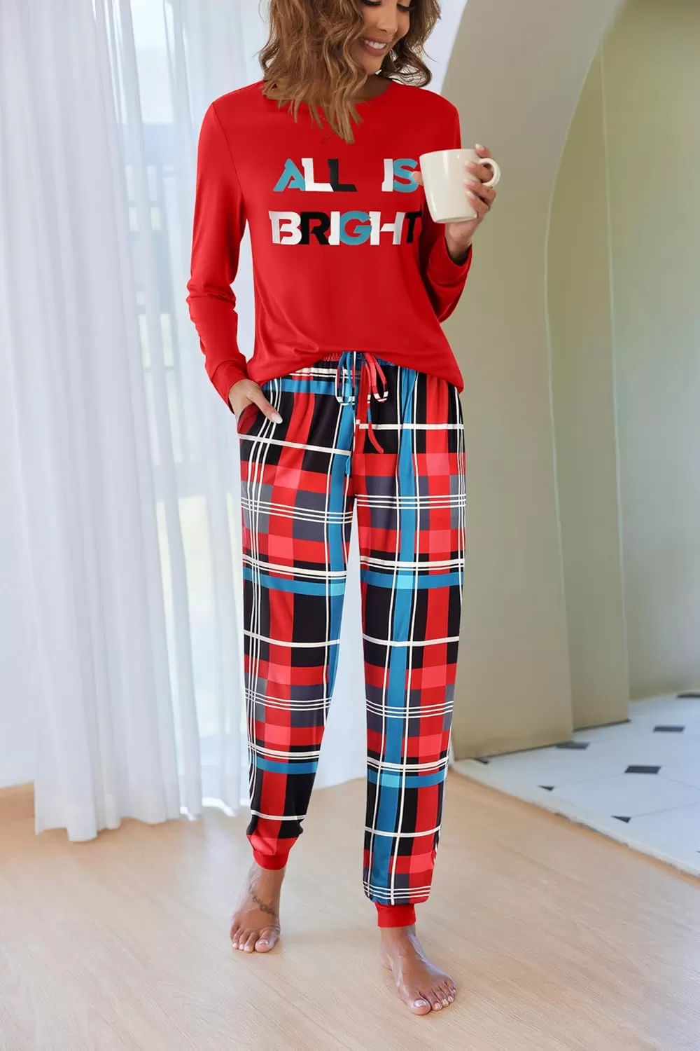 imageEkouaer Pajamas Set for Women Long Sleeve Crew Neck Comfy Pjs Lounge Sets With PocketsChristmas Red Plaid