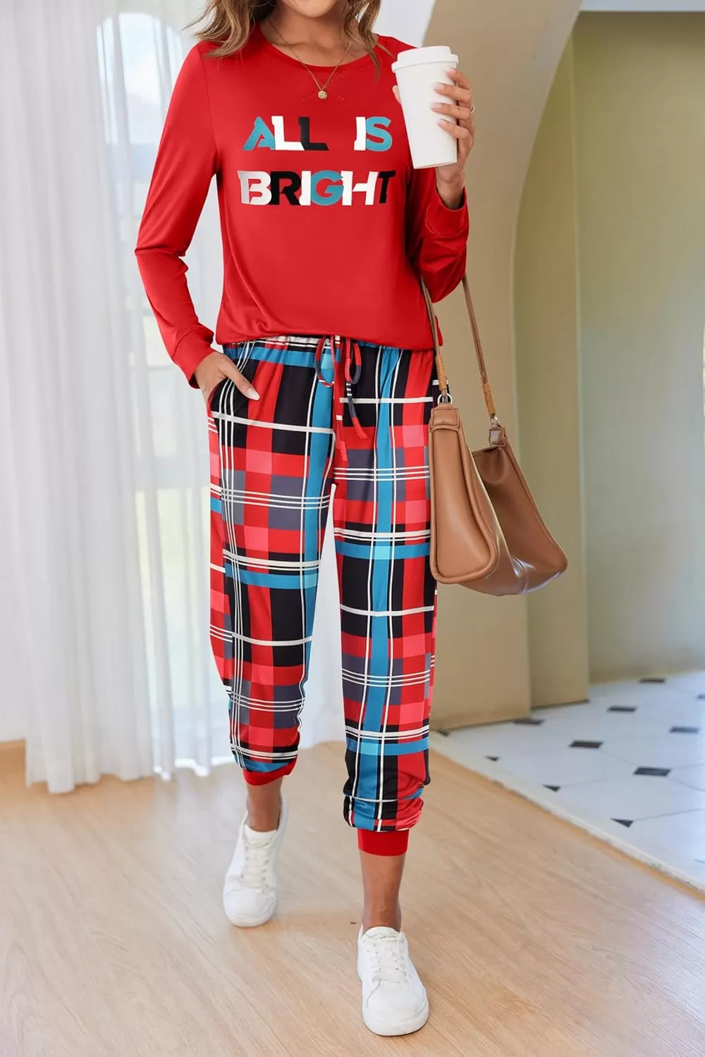 imageEkouaer Pajamas Set for Women Long Sleeve Crew Neck Comfy Pjs Lounge Sets With PocketsChristmas Red Plaid