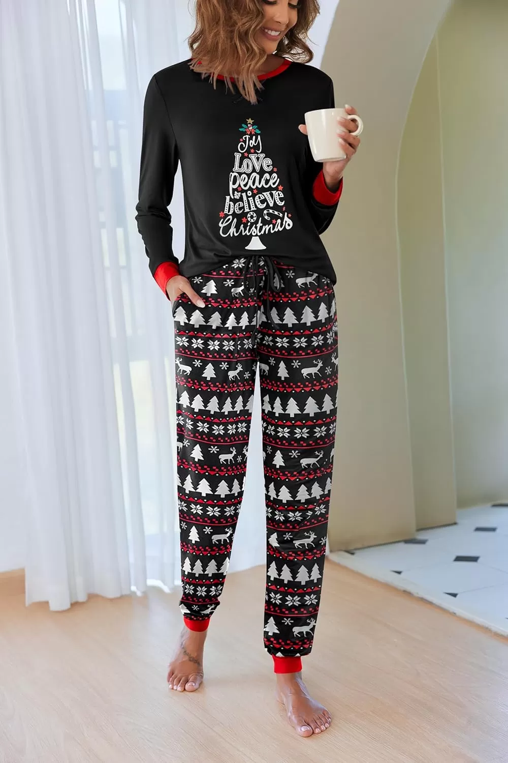 imageEkouaer Pajamas Set for Women Long Sleeve Crew Neck Comfy Pjs Lounge Sets With PocketsChristmas Tree