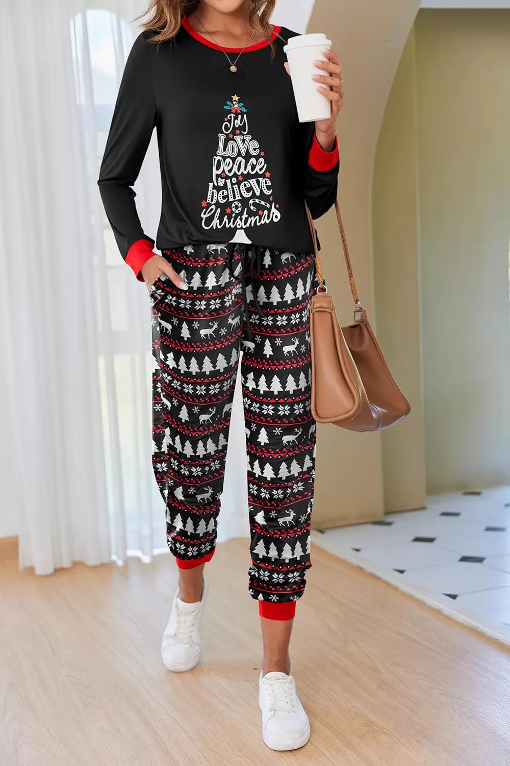 imageEkouaer Pajamas Set for Women Long Sleeve Crew Neck Comfy Pjs Lounge Sets With PocketsChristmas Tree