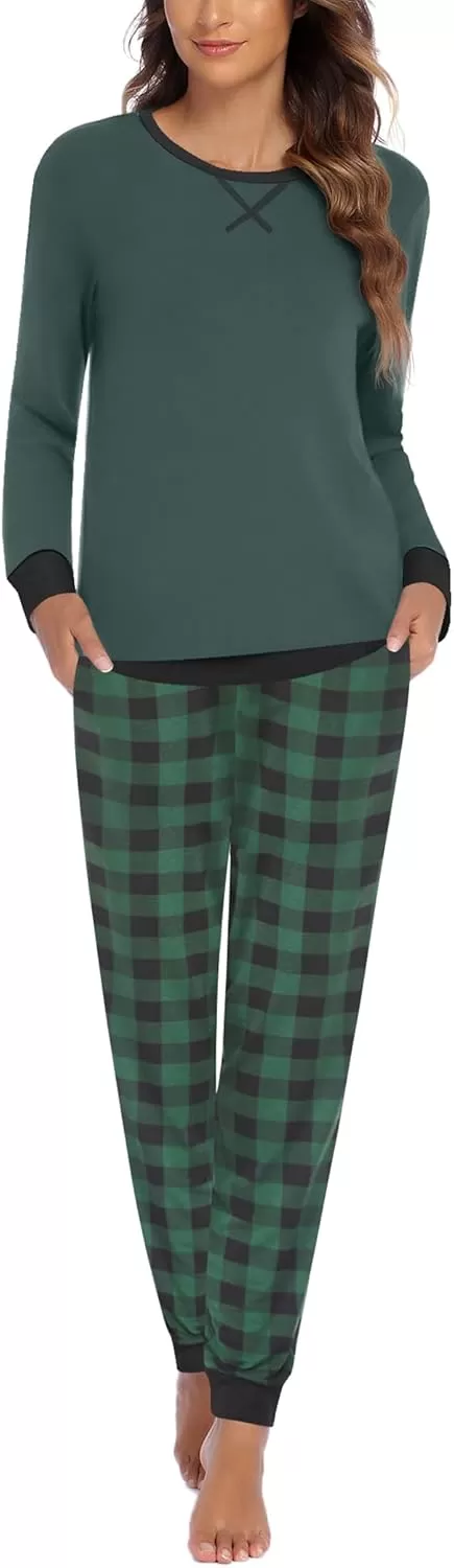 imageEkouaer Pajamas Set for Women Long Sleeve Crew Neck Comfy Pjs Lounge Sets With PocketsGreen Plaid