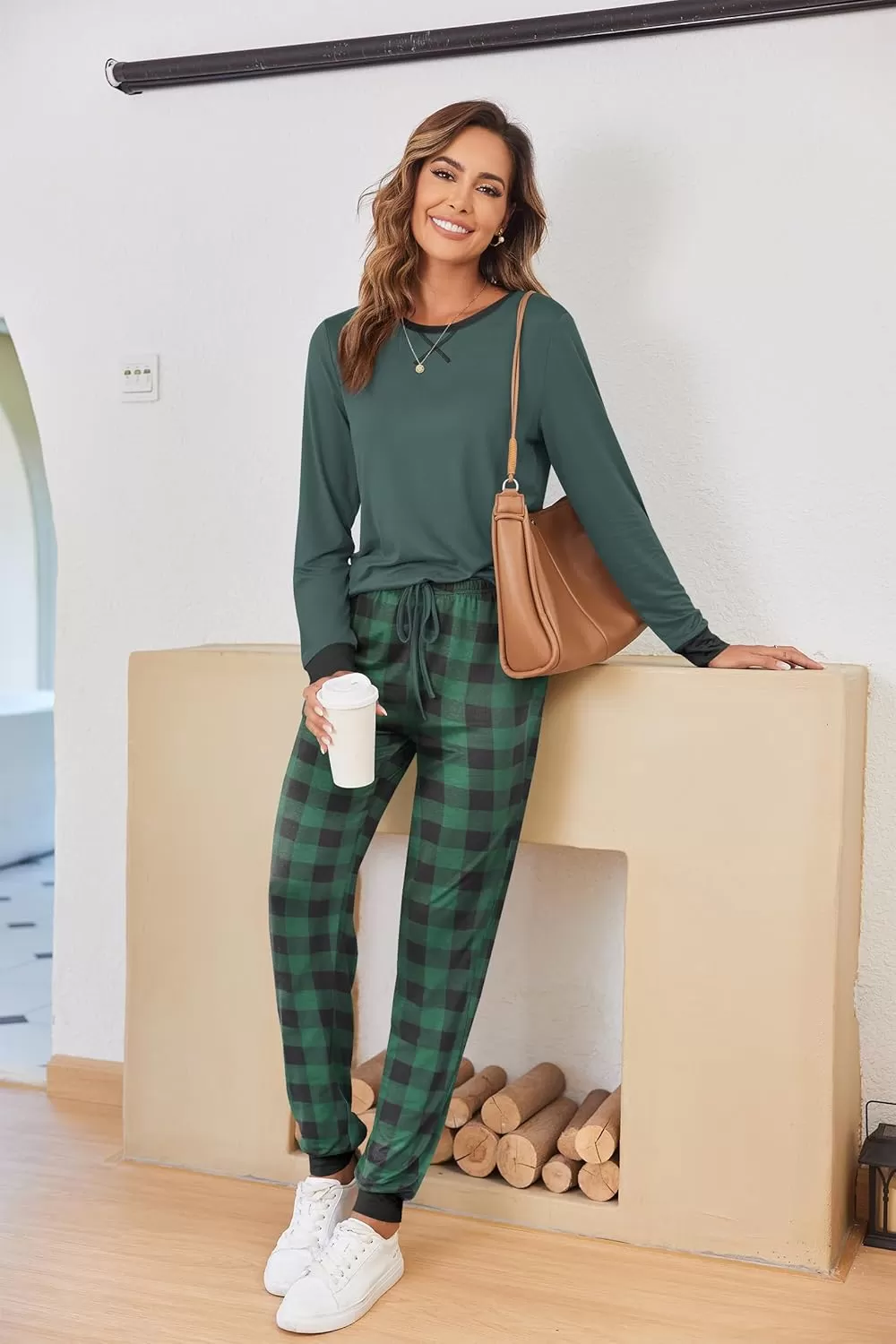 imageEkouaer Pajamas Set for Women Long Sleeve Crew Neck Comfy Pjs Lounge Sets With PocketsGreen Plaid