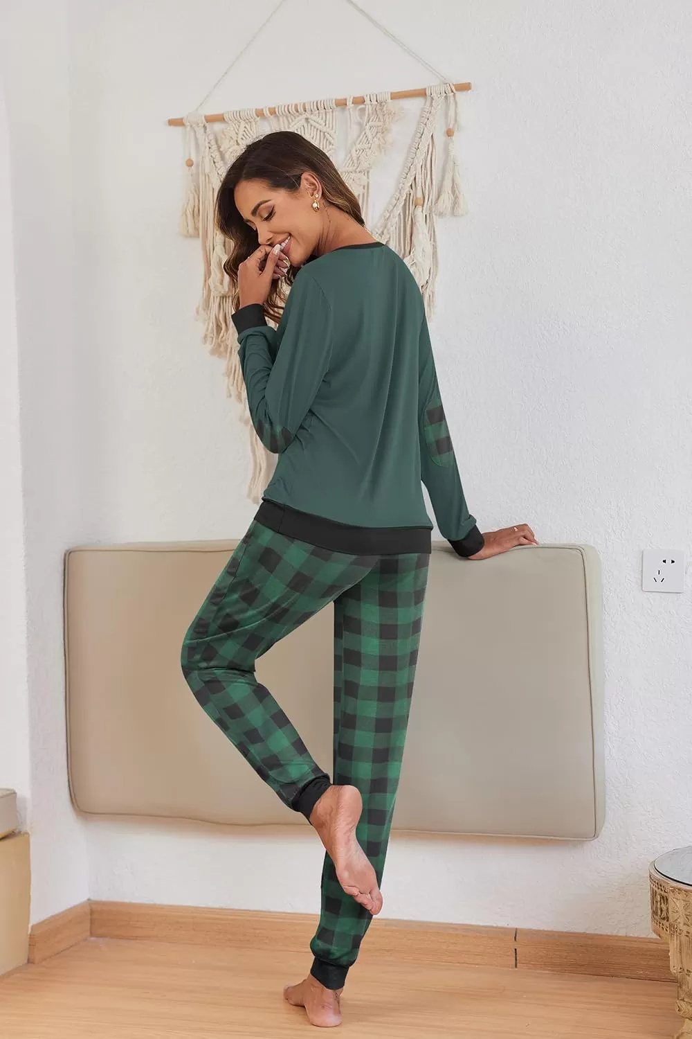 imageEkouaer Pajamas Set for Women Long Sleeve Crew Neck Comfy Pjs Lounge Sets With PocketsGreen Plaid