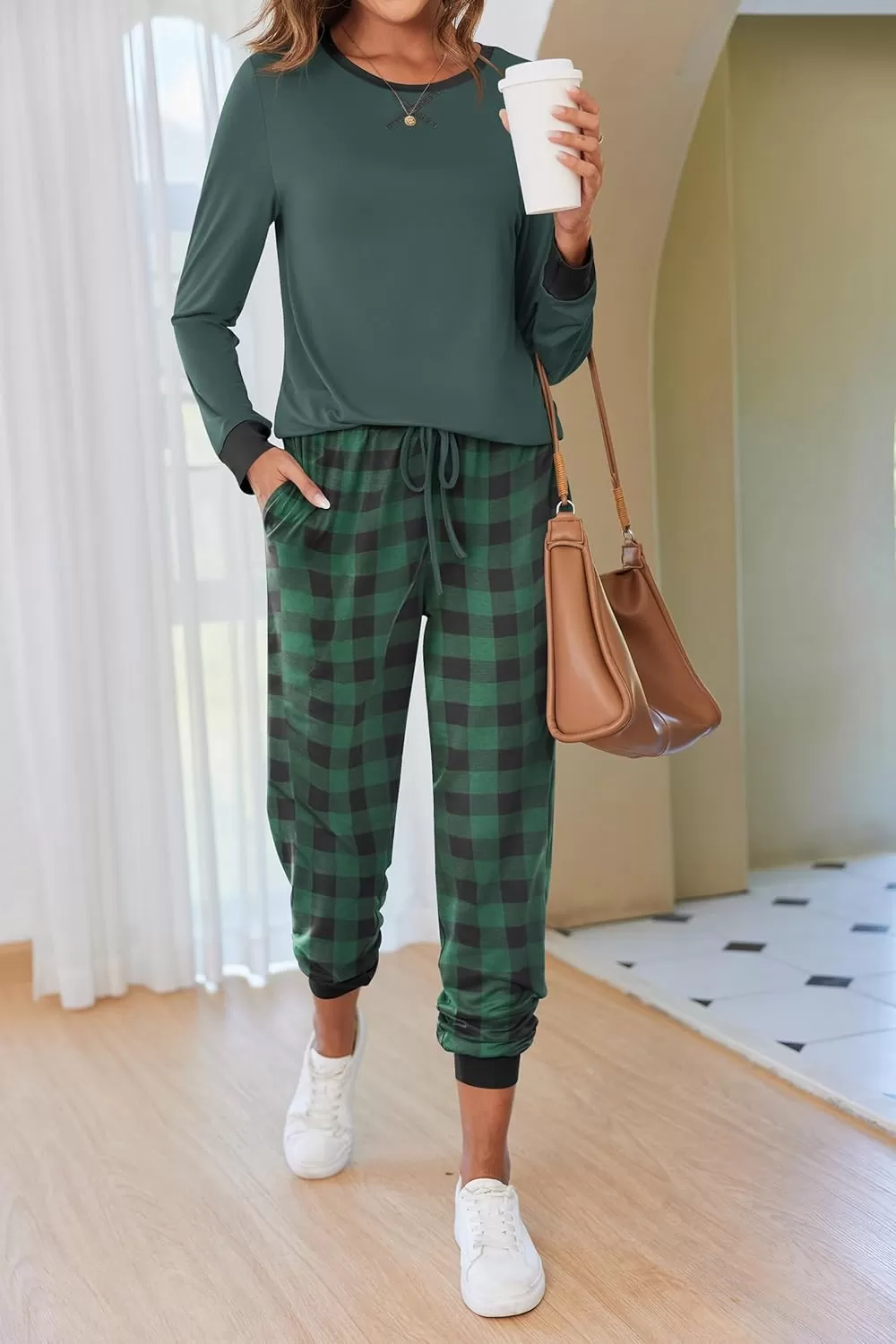 imageEkouaer Pajamas Set for Women Long Sleeve Crew Neck Comfy Pjs Lounge Sets With PocketsGreen Plaid