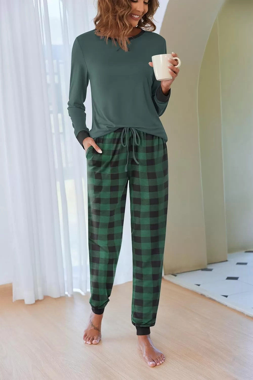 imageEkouaer Pajamas Set for Women Long Sleeve Crew Neck Comfy Pjs Lounge Sets With PocketsGreen Plaid