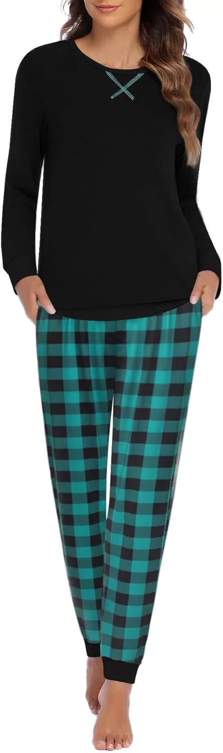 imageEkouaer Pajamas Set for Women Long Sleeve Crew Neck Comfy Pjs Lounge Sets With PocketsGreen and Black Plaid