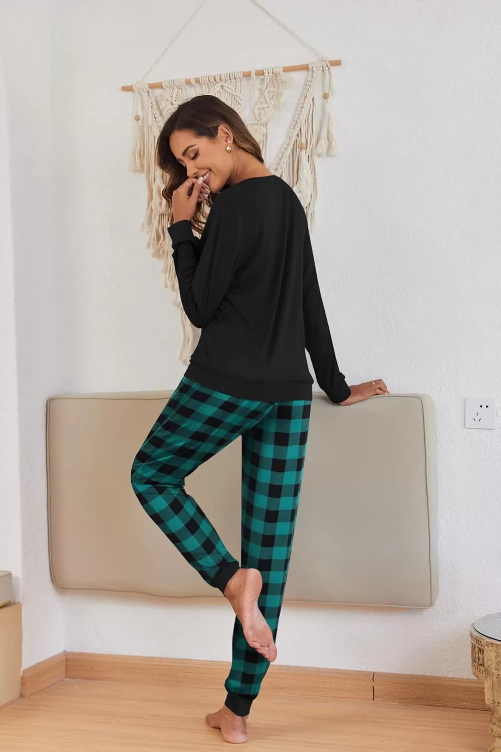 imageEkouaer Pajamas Set for Women Long Sleeve Crew Neck Comfy Pjs Lounge Sets With PocketsGreen and Black Plaid