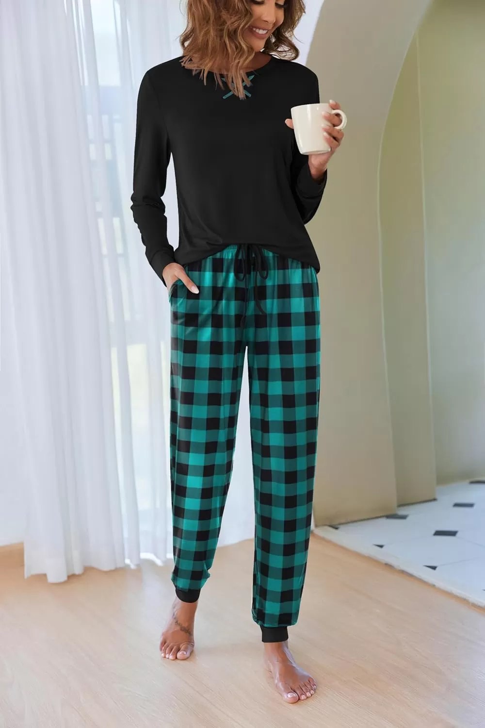 imageEkouaer Pajamas Set for Women Long Sleeve Crew Neck Comfy Pjs Lounge Sets With PocketsGreen and Black Plaid