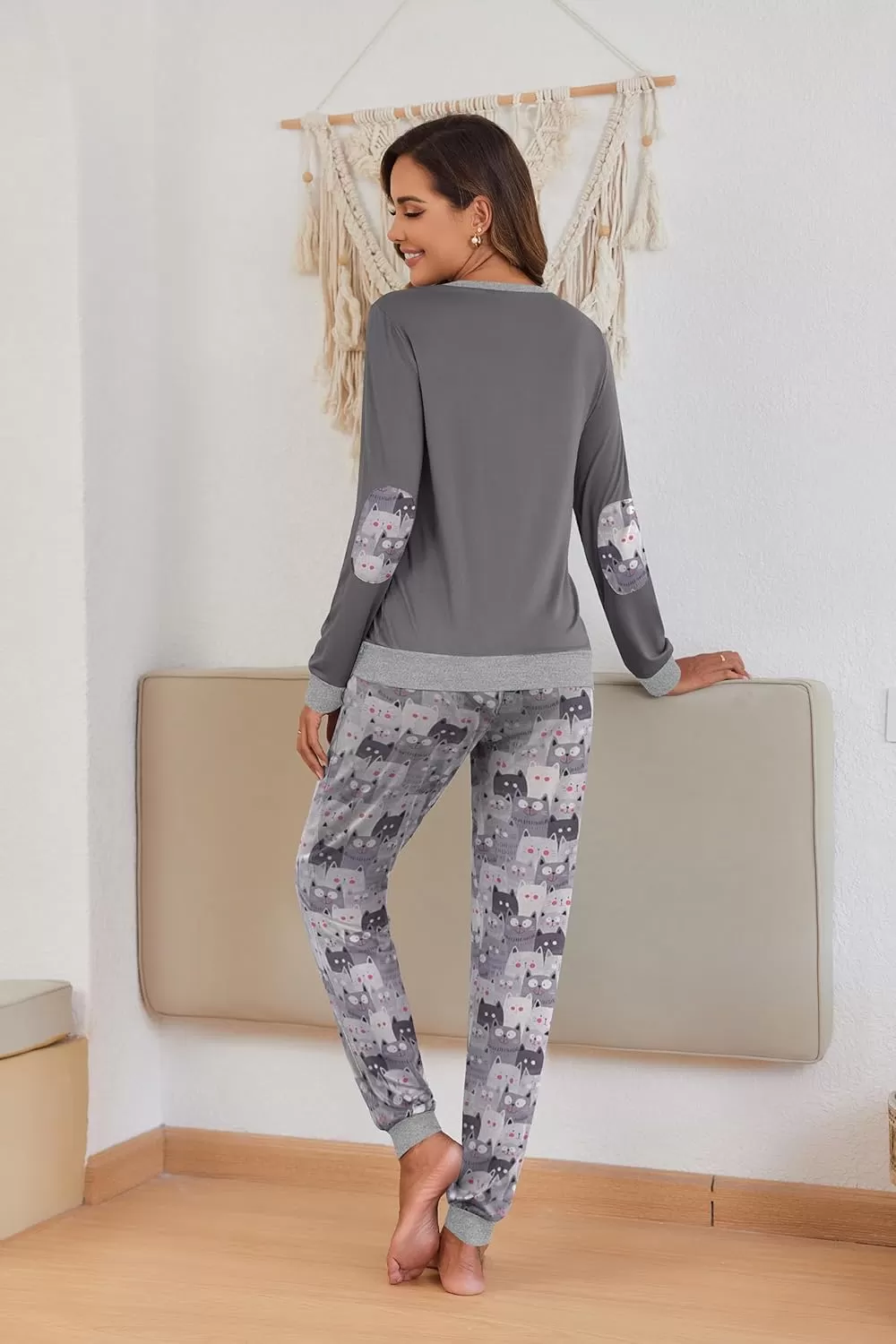 imageEkouaer Pajamas Set for Women Long Sleeve Crew Neck Comfy Pjs Lounge Sets With PocketsGrey Cat