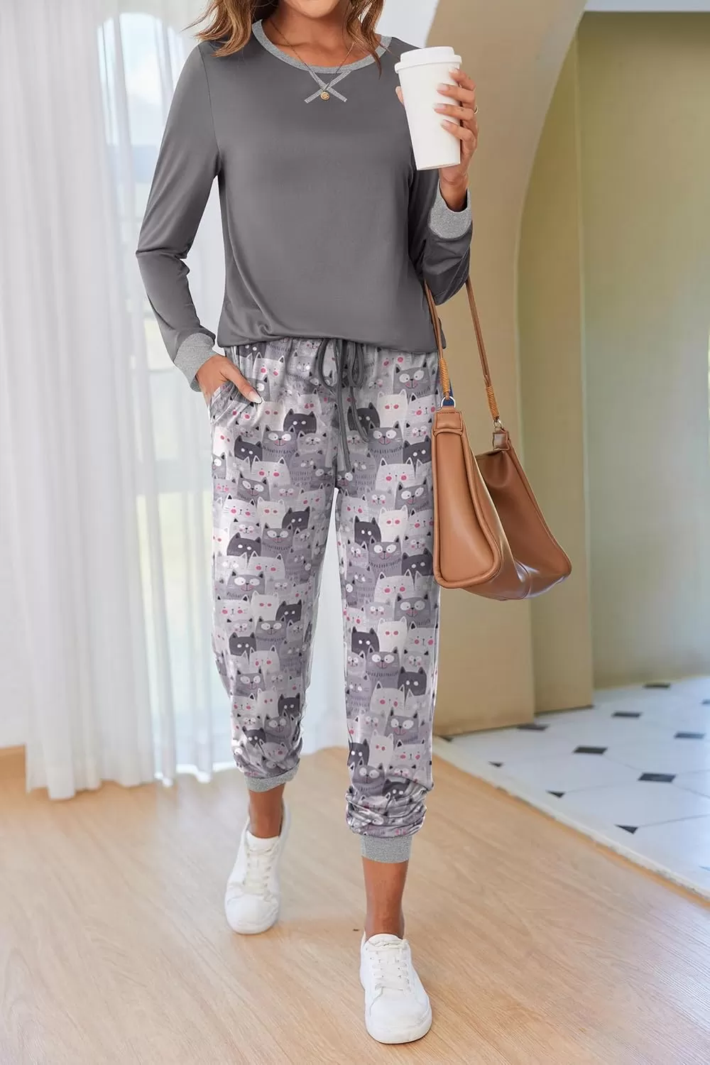 imageEkouaer Pajamas Set for Women Long Sleeve Crew Neck Comfy Pjs Lounge Sets With PocketsGrey Cat