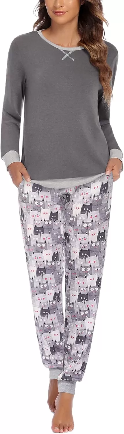 imageEkouaer Pajamas Set for Women Long Sleeve Crew Neck Comfy Pjs Lounge Sets With PocketsGrey Cat