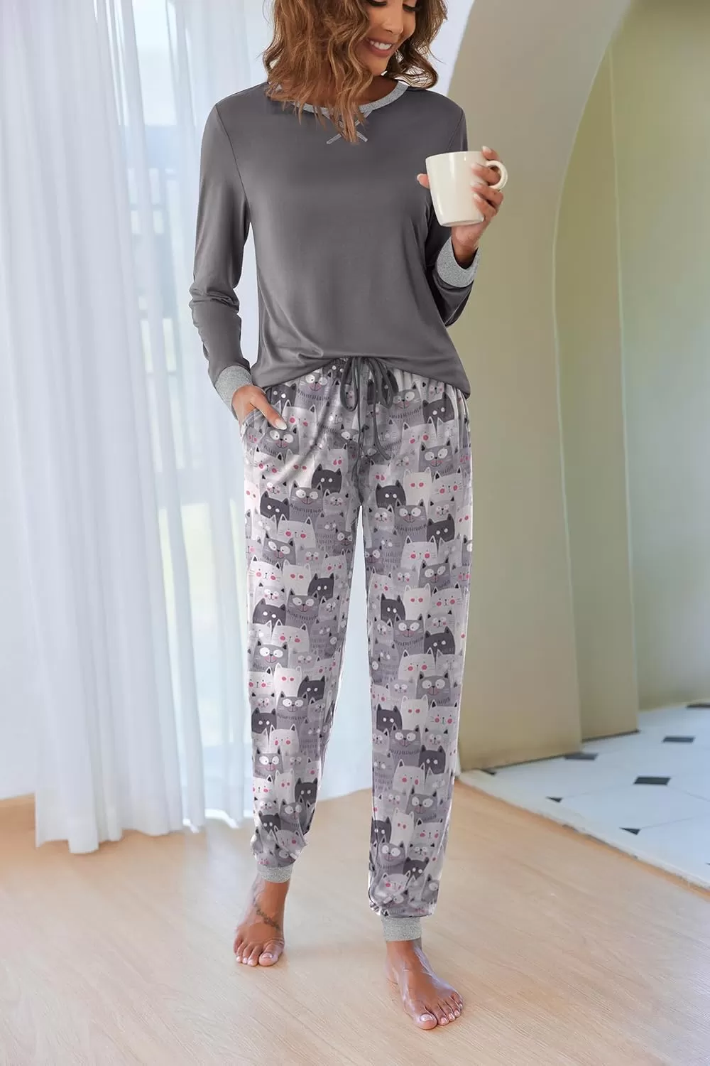 imageEkouaer Pajamas Set for Women Long Sleeve Crew Neck Comfy Pjs Lounge Sets With PocketsGrey Cat