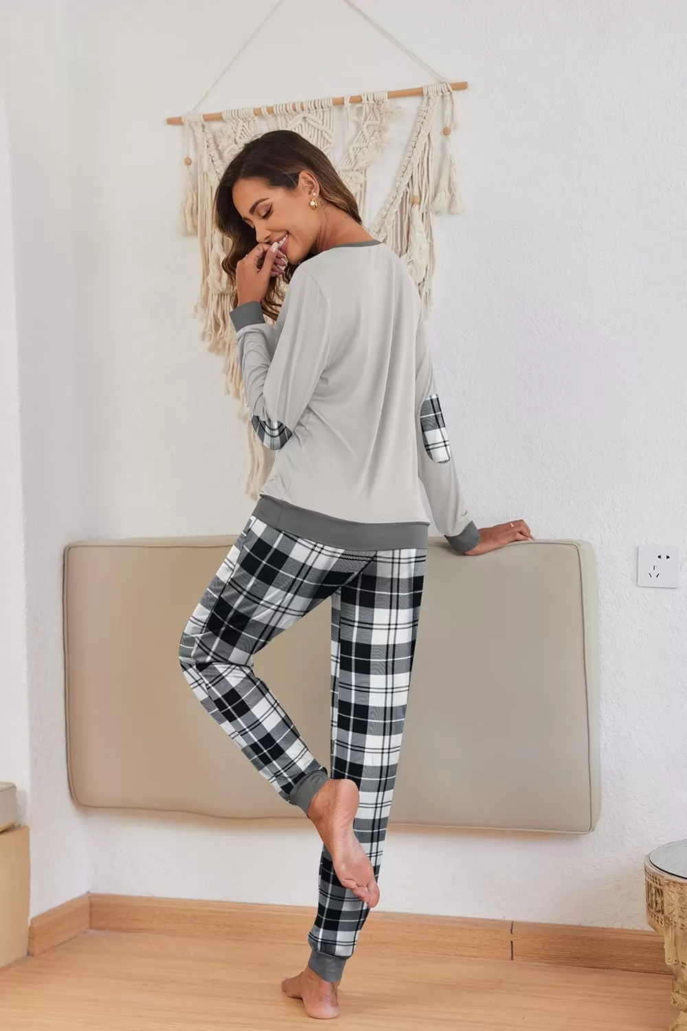 imageEkouaer Pajamas Set for Women Long Sleeve Crew Neck Comfy Pjs Lounge Sets With PocketsGrey Plaid