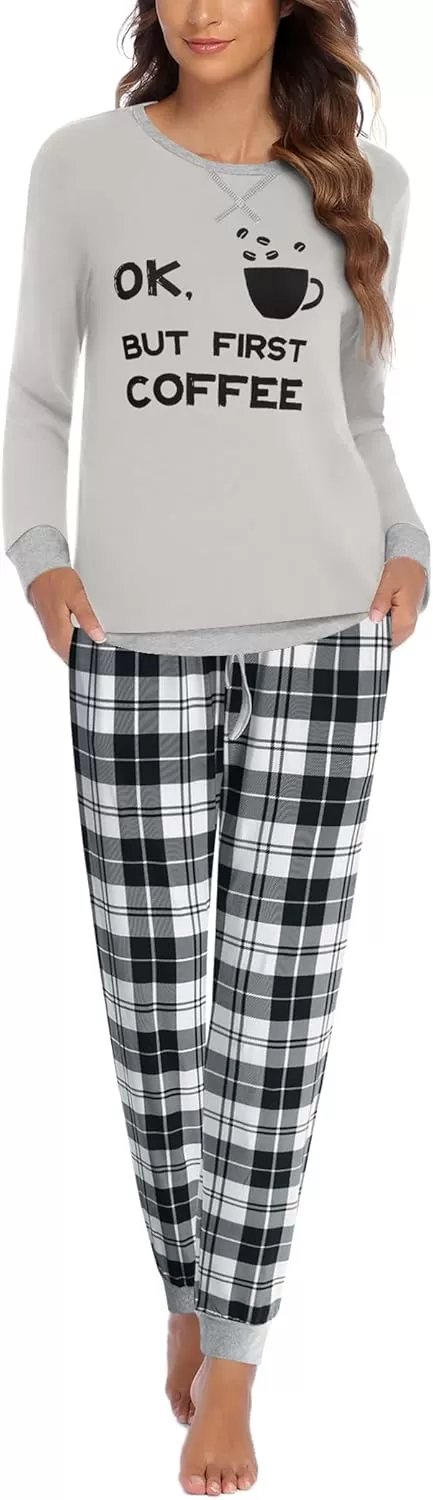imageEkouaer Pajamas Set for Women Long Sleeve Crew Neck Comfy Pjs Lounge Sets With PocketsGrey Plaid