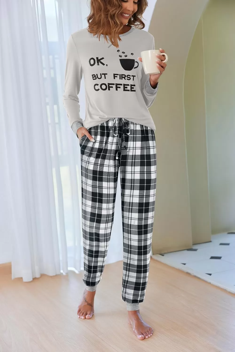 imageEkouaer Pajamas Set for Women Long Sleeve Crew Neck Comfy Pjs Lounge Sets With PocketsGrey Plaid