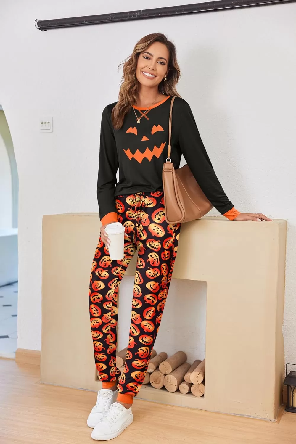 imageEkouaer Pajamas Set for Women Long Sleeve Crew Neck Comfy Pjs Lounge Sets With PocketsHalloween Print
