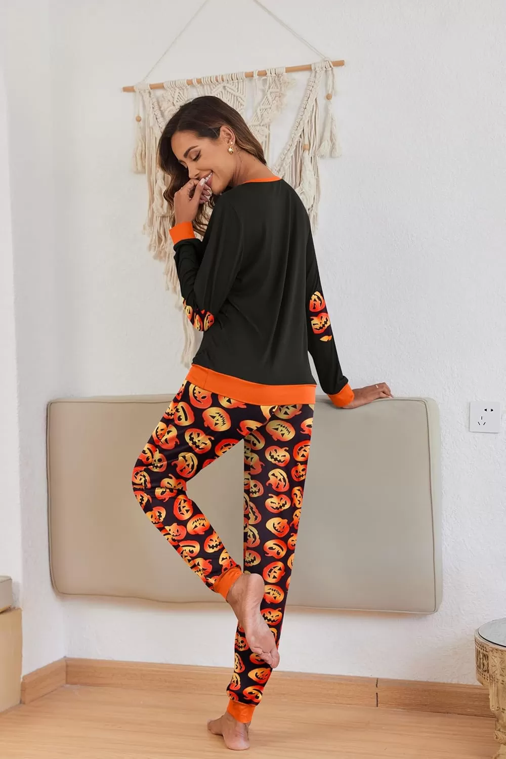 imageEkouaer Pajamas Set for Women Long Sleeve Crew Neck Comfy Pjs Lounge Sets With PocketsHalloween Print
