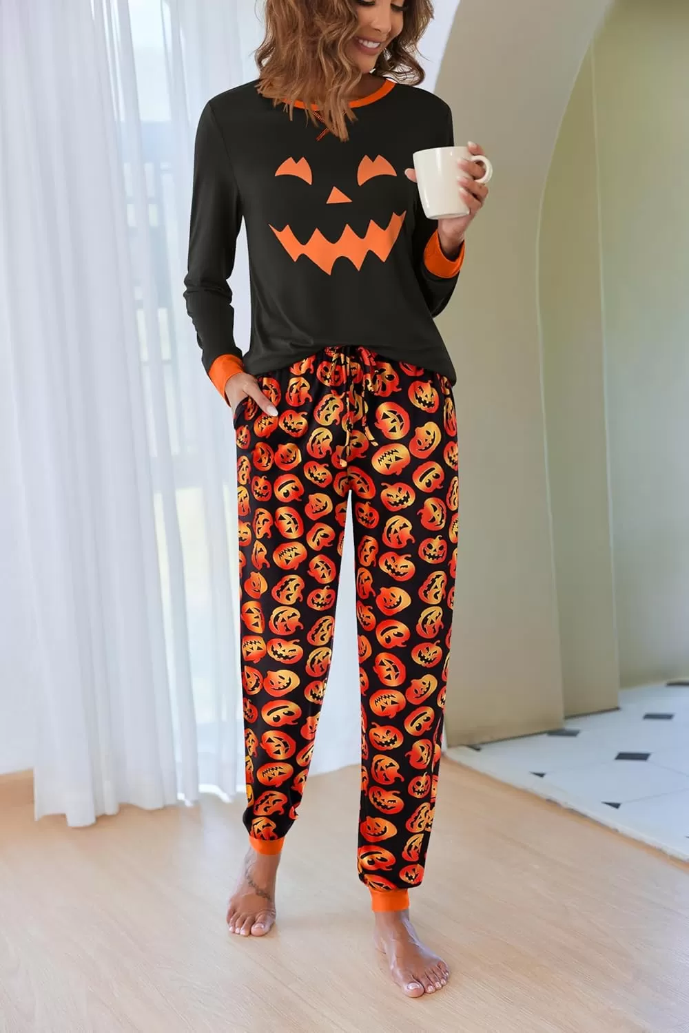 imageEkouaer Pajamas Set for Women Long Sleeve Crew Neck Comfy Pjs Lounge Sets With PocketsHalloween Print