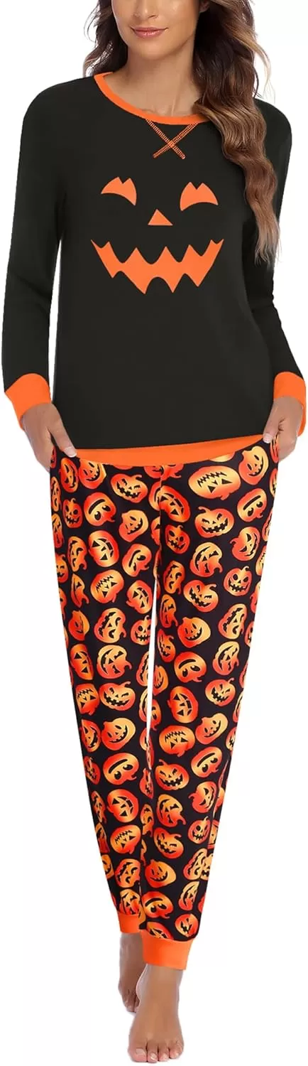 imageEkouaer Pajamas Set for Women Long Sleeve Crew Neck Comfy Pjs Lounge Sets With PocketsHalloween Print