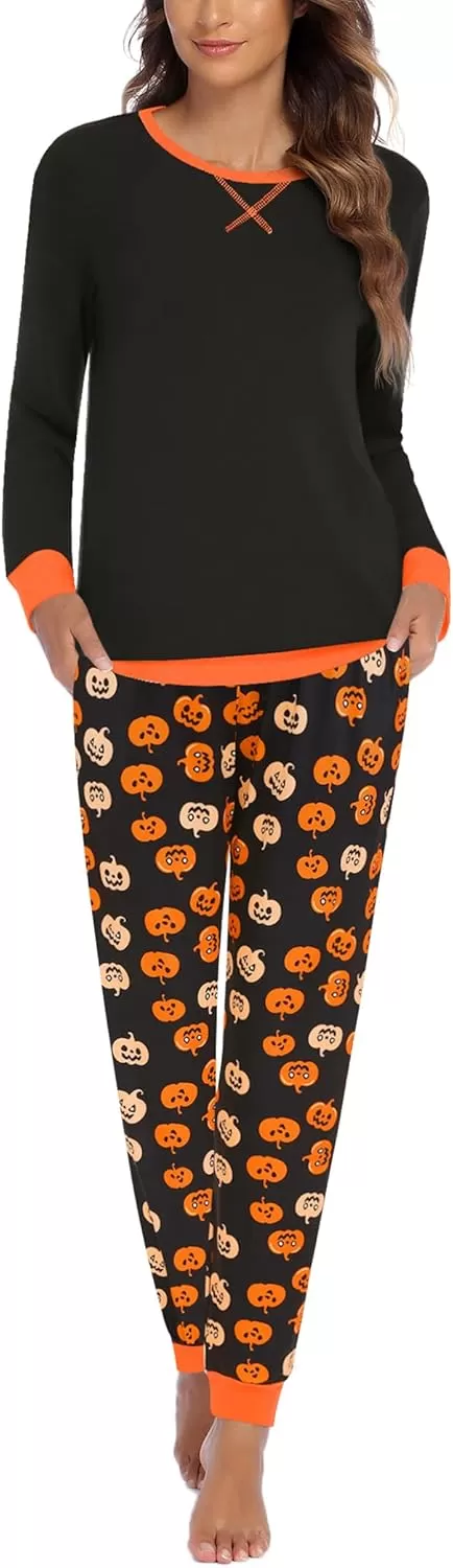 imageEkouaer Pajamas Set for Women Long Sleeve Crew Neck Comfy Pjs Lounge Sets With PocketsHalloween Pumpkin Print