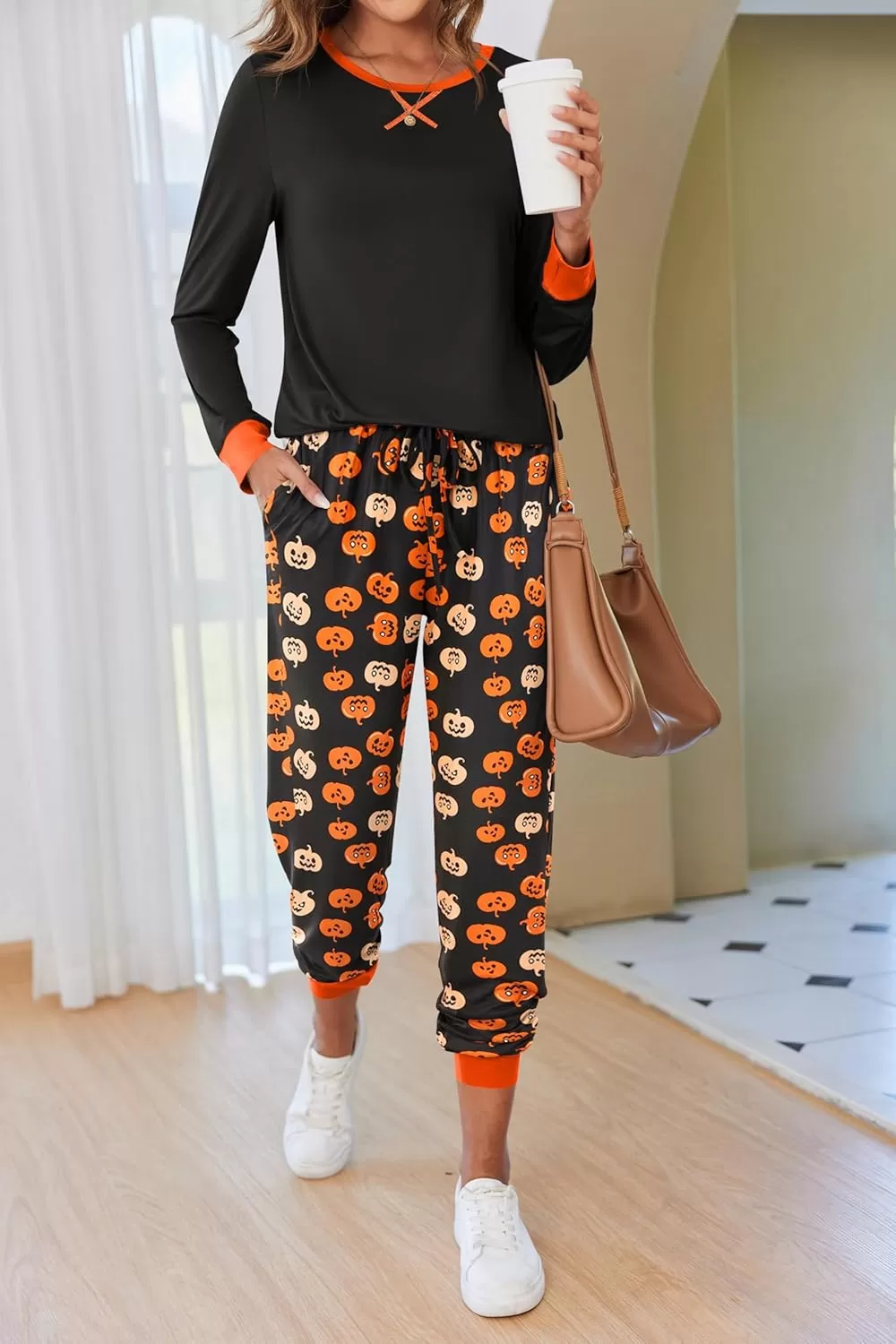imageEkouaer Pajamas Set for Women Long Sleeve Crew Neck Comfy Pjs Lounge Sets With PocketsHalloween Pumpkin Print