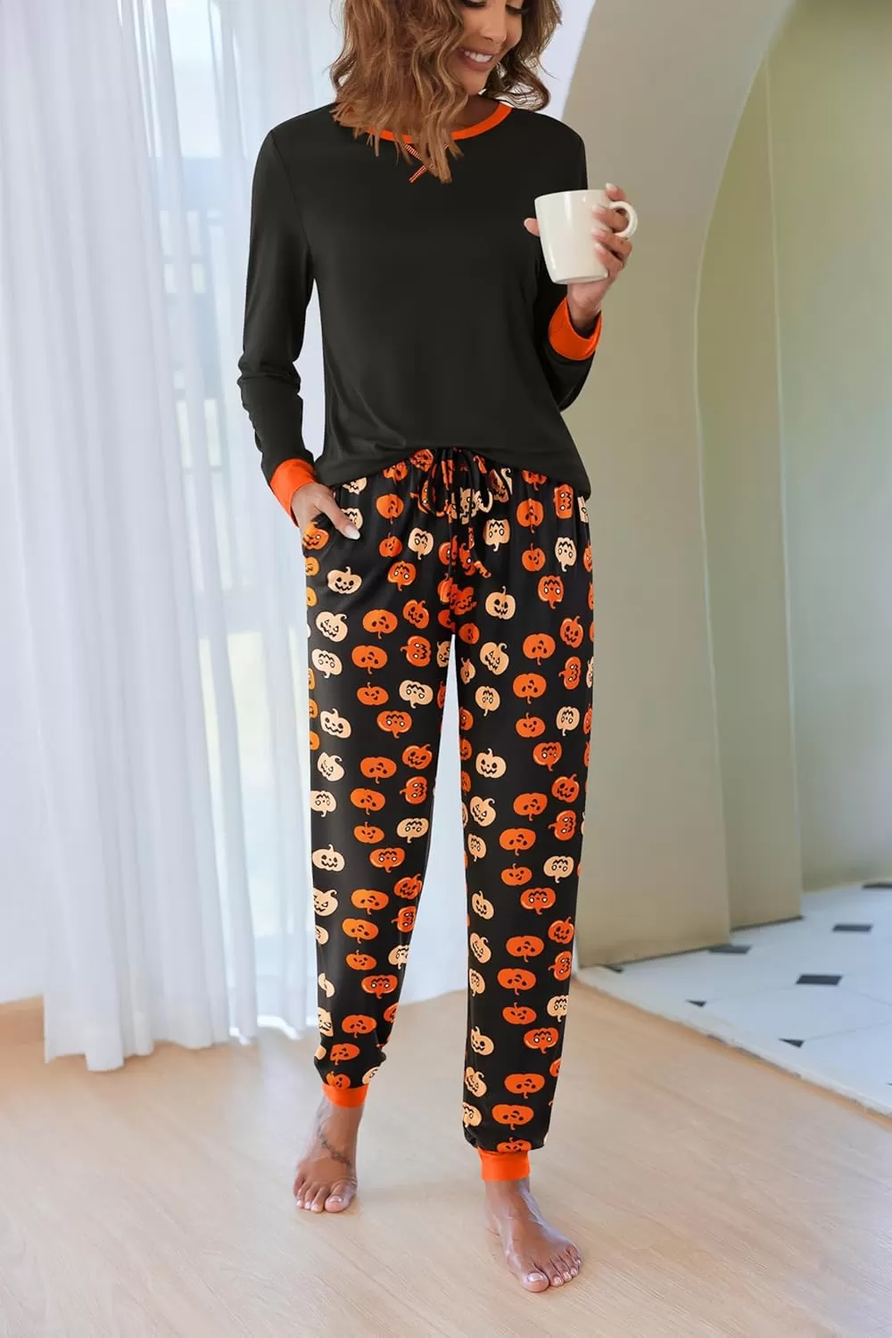 imageEkouaer Pajamas Set for Women Long Sleeve Crew Neck Comfy Pjs Lounge Sets With PocketsHalloween Pumpkin Print